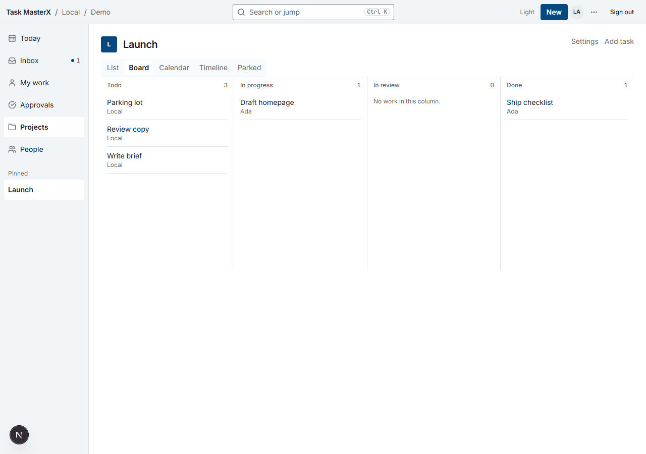 Task MasterX project board in business mode